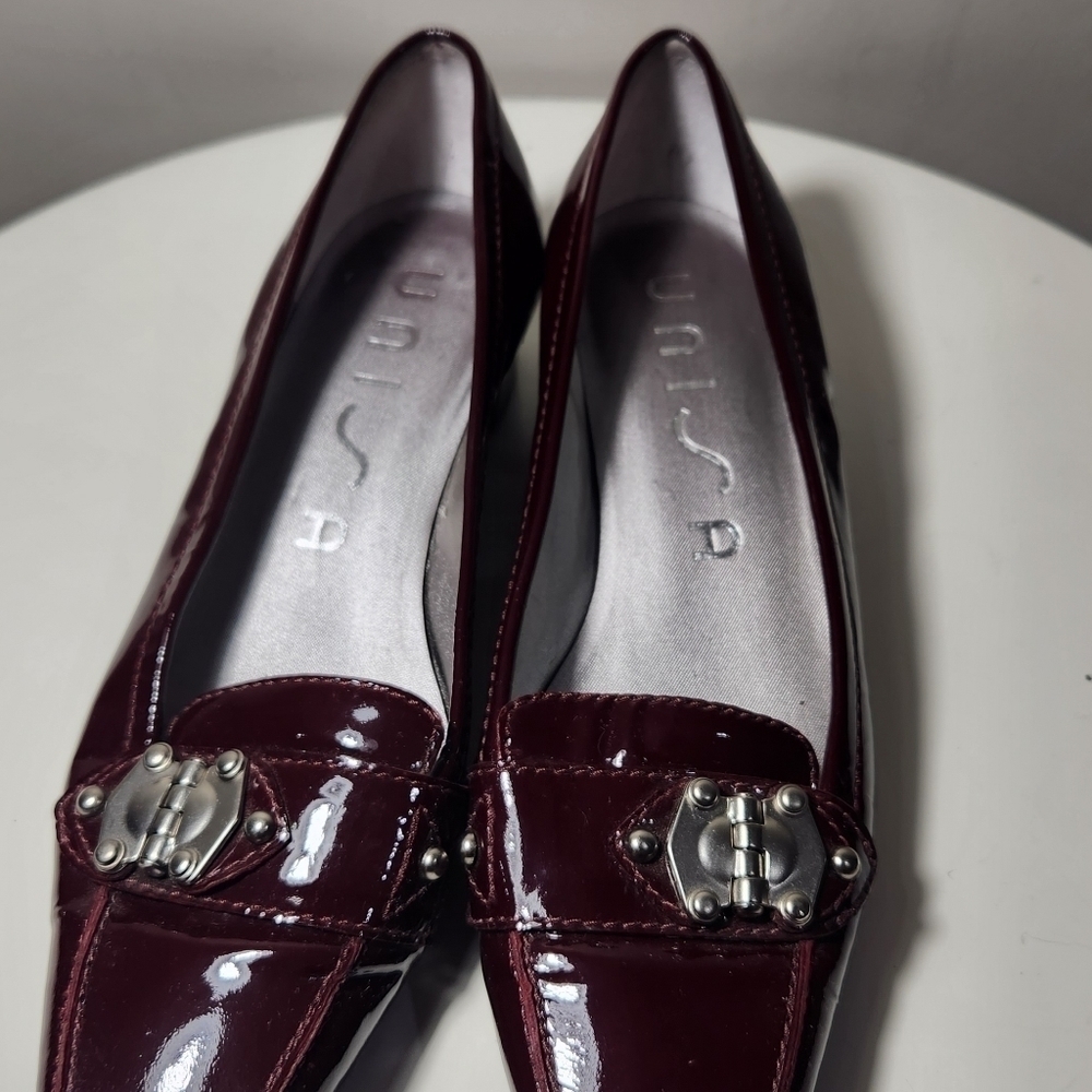 Deep Burgundy Ballet‎ Square Heel & Toe Leather Shoes Silver Decor Size 7.5